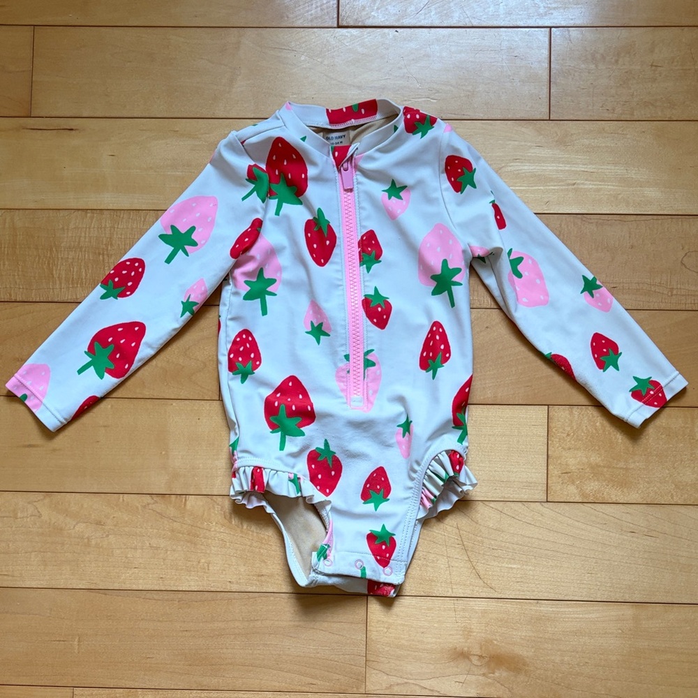 Old Navy White Kids One-Piece Swimsuit with Pink and Red Strawberry Print